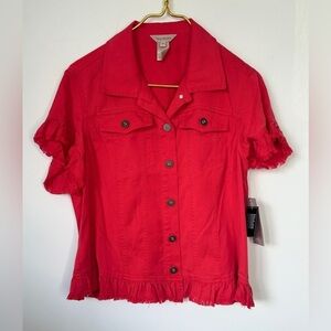 NWT Multiples Faded Red Short Ruffle Sleeve Fitted Button-Front Jacket Petite M